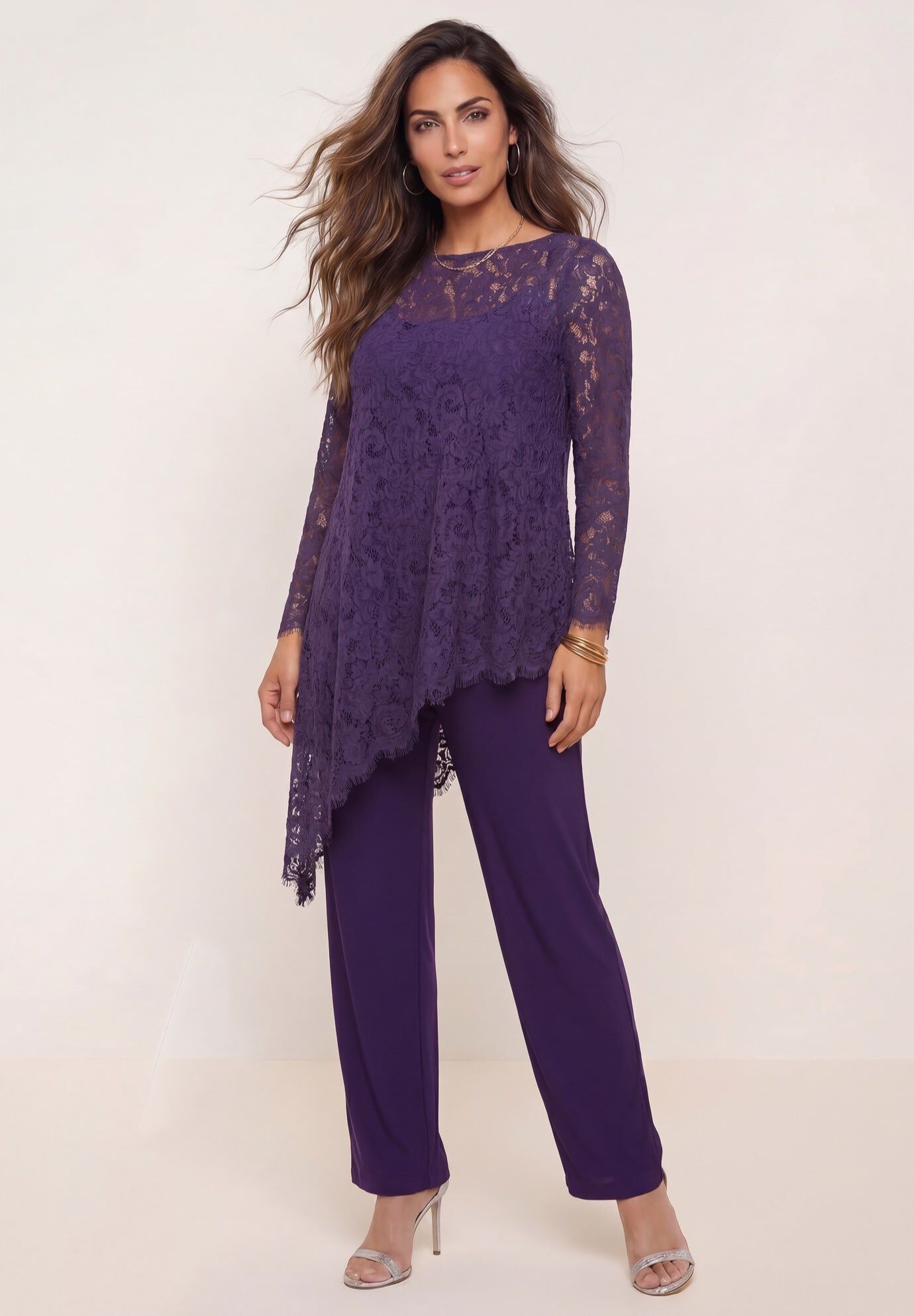 Plus-Size Asymmetrical Lace Pant Set &ndash;Long Sleeve Lace Scalloped Tunic & Elastic Waist Pants