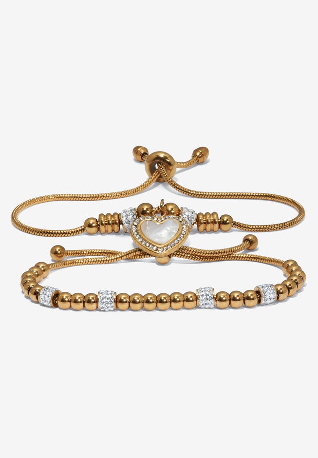 Round Crystal Gold Ion-Plated Stainless Steel Heart Charm Bracelet Set 7-Inch, GOLD, hi-res image number null
