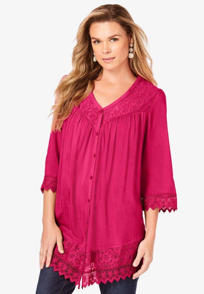 Lace Sleeve Big Shirt, PINK BURST, hi-res image number 0
