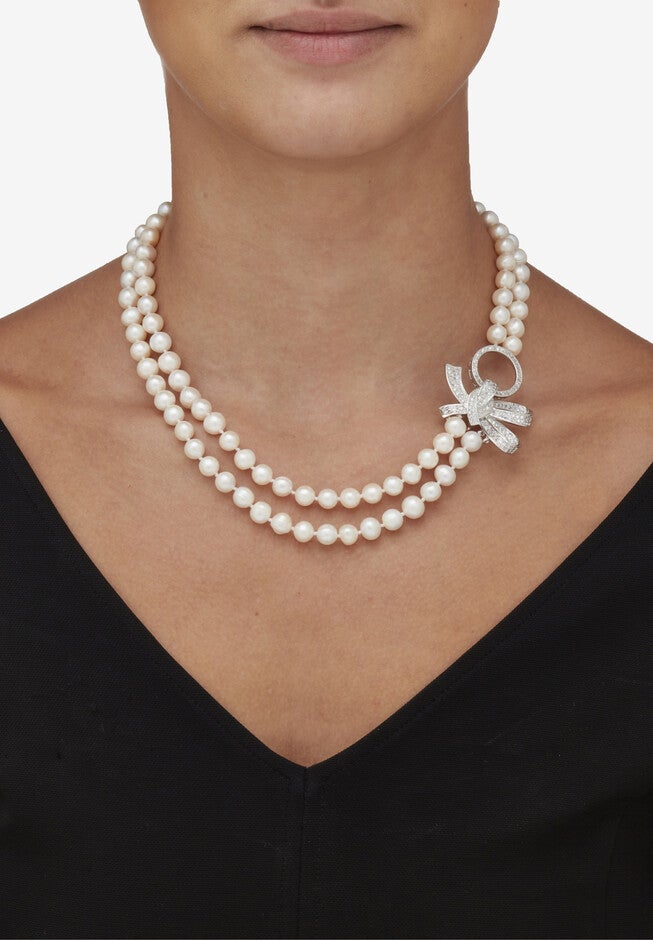 1.95 Cttw. White Genuine Double Strand Pearl Necklace Cz Bow Silvertone 18 inches, , alternate image number 4
