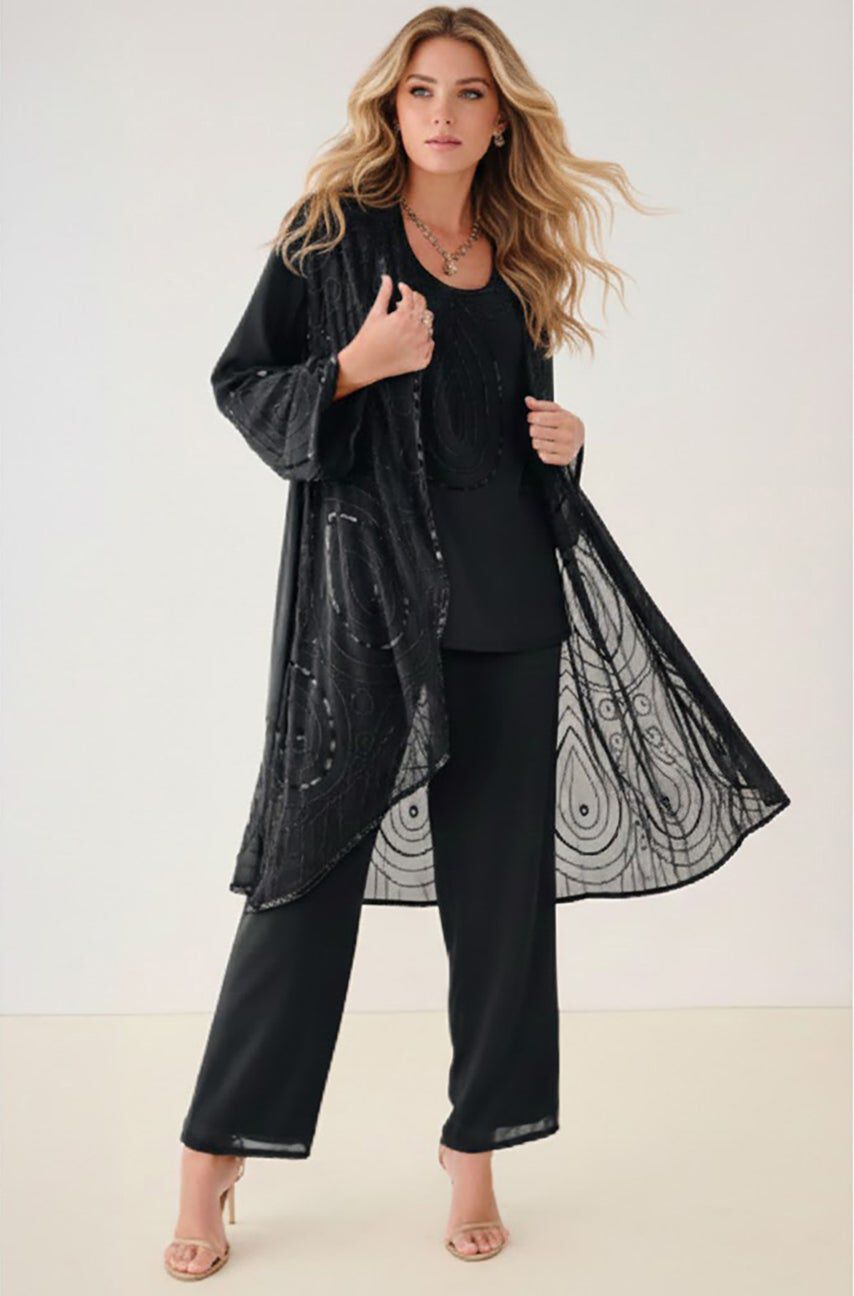 Plus Size Beaded Georgette Scoop Neck 3-Piece Pant Set