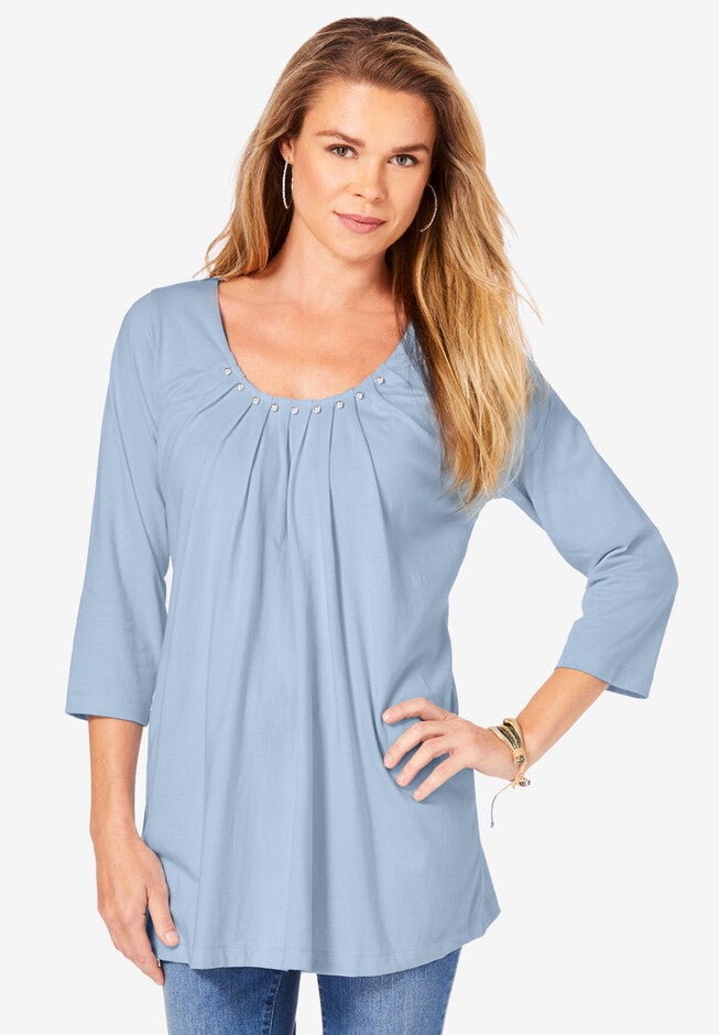 Beaded-Neck Pleated Tee, PALE BLUE, hi-res image number null