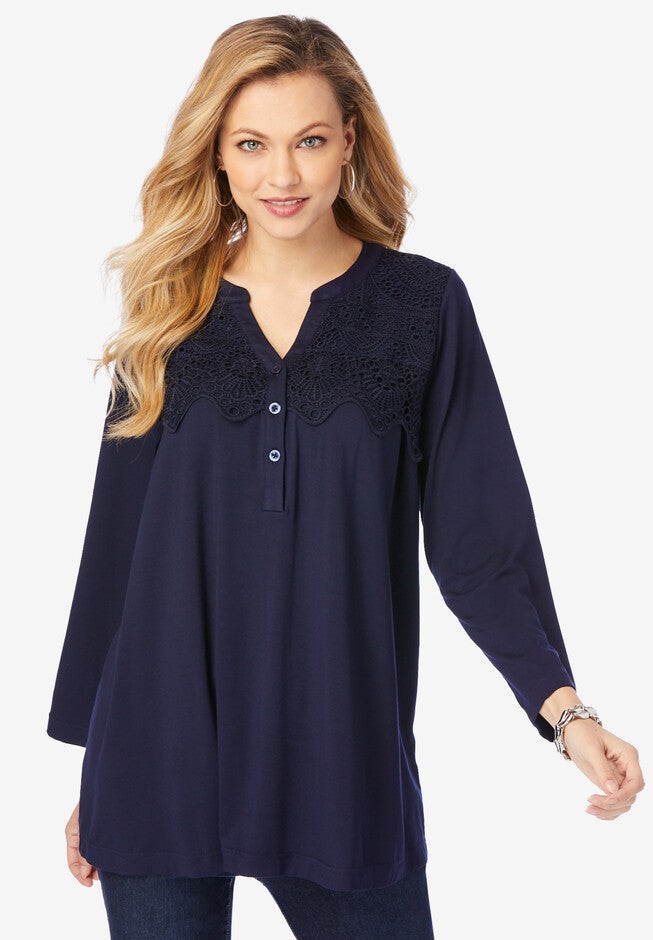 Illusion Lace Henley Tee, NAVY, hi-res image number 0