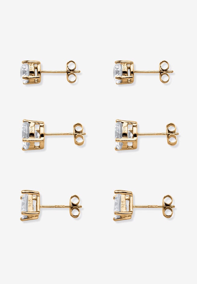 Gold Tone 3 Pair Stud Earrings (8x8mm) Cubic Zirconia, , on-hover image number 1