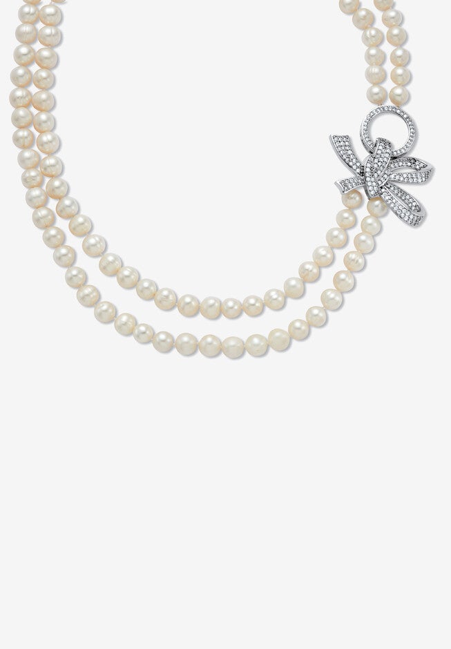 1.95 Cttw. White Genuine Double Strand Pearl Necklace Cz Bow Silvertone 18 inches, PEARL, hi-res image number 0