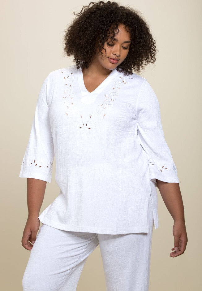 Crinkle Knit Mandarin Collar Tunic, WHITE, hi-res image number 0