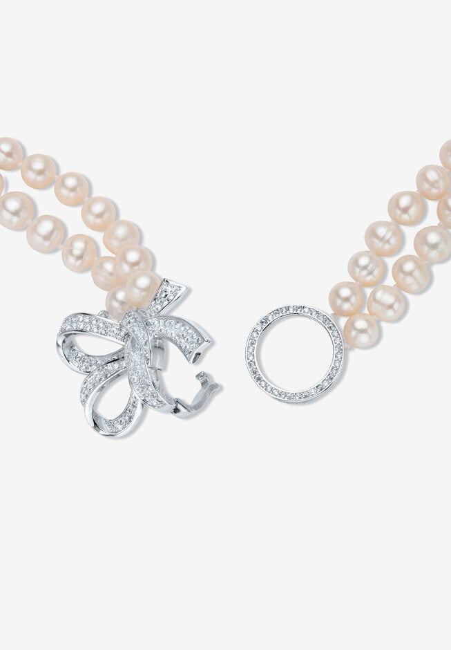 1.95 Cttw. White Genuine Double Strand Pearl Necklace Cz Bow Silvertone 18 inches, , on-hover image number 1