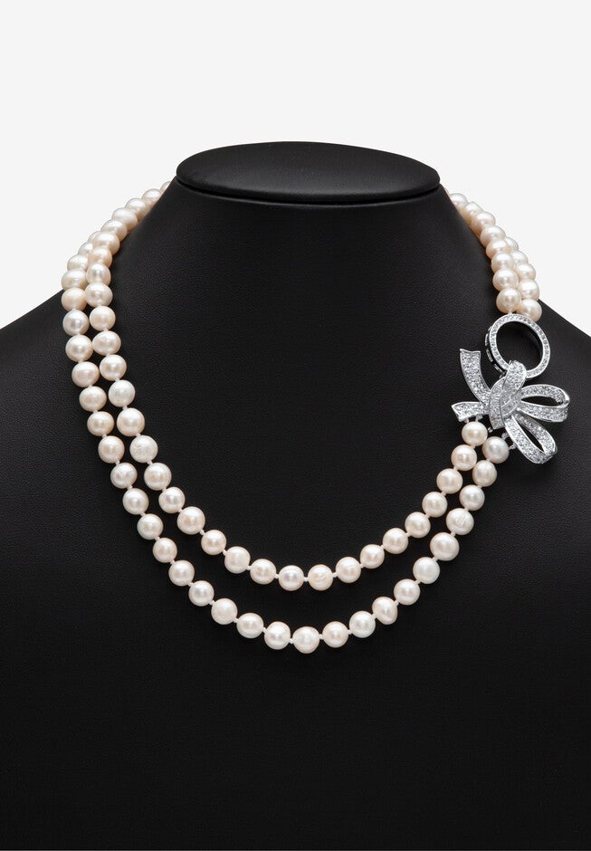 1.95 Cttw. White Genuine Double Strand Pearl Necklace Cz Bow Silvertone 18 inches, , alternate image number 3