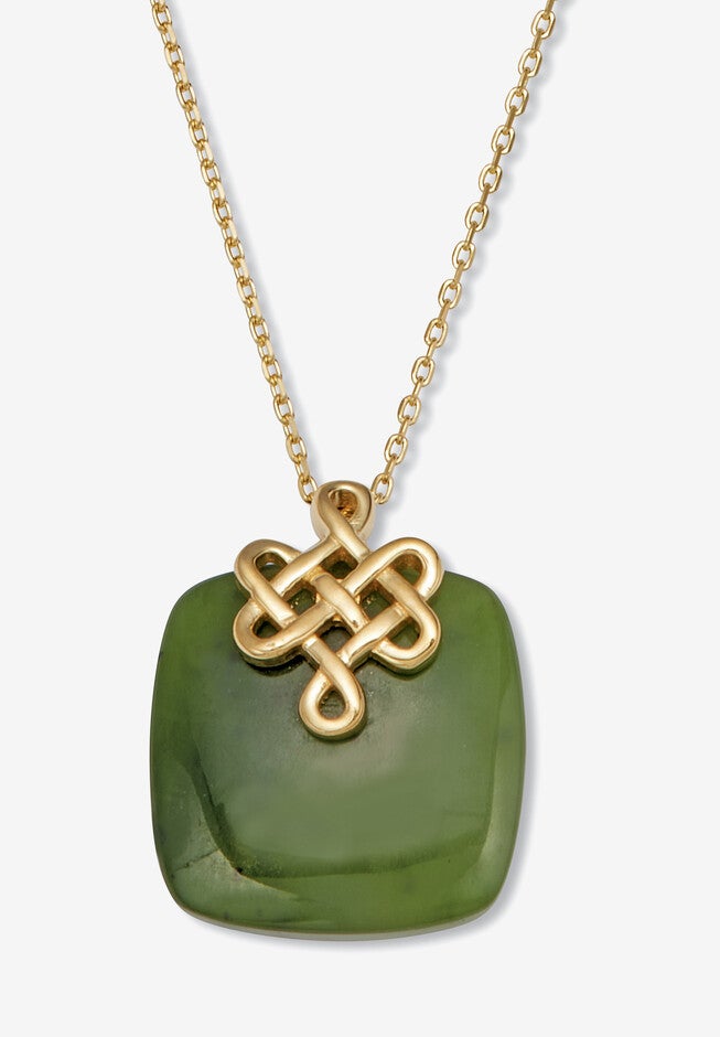 Cushion Cut Genuine Green Jade 18K Gold-Plated Pendant Necklace, 18 Inches, GREEN, hi-res image number 0