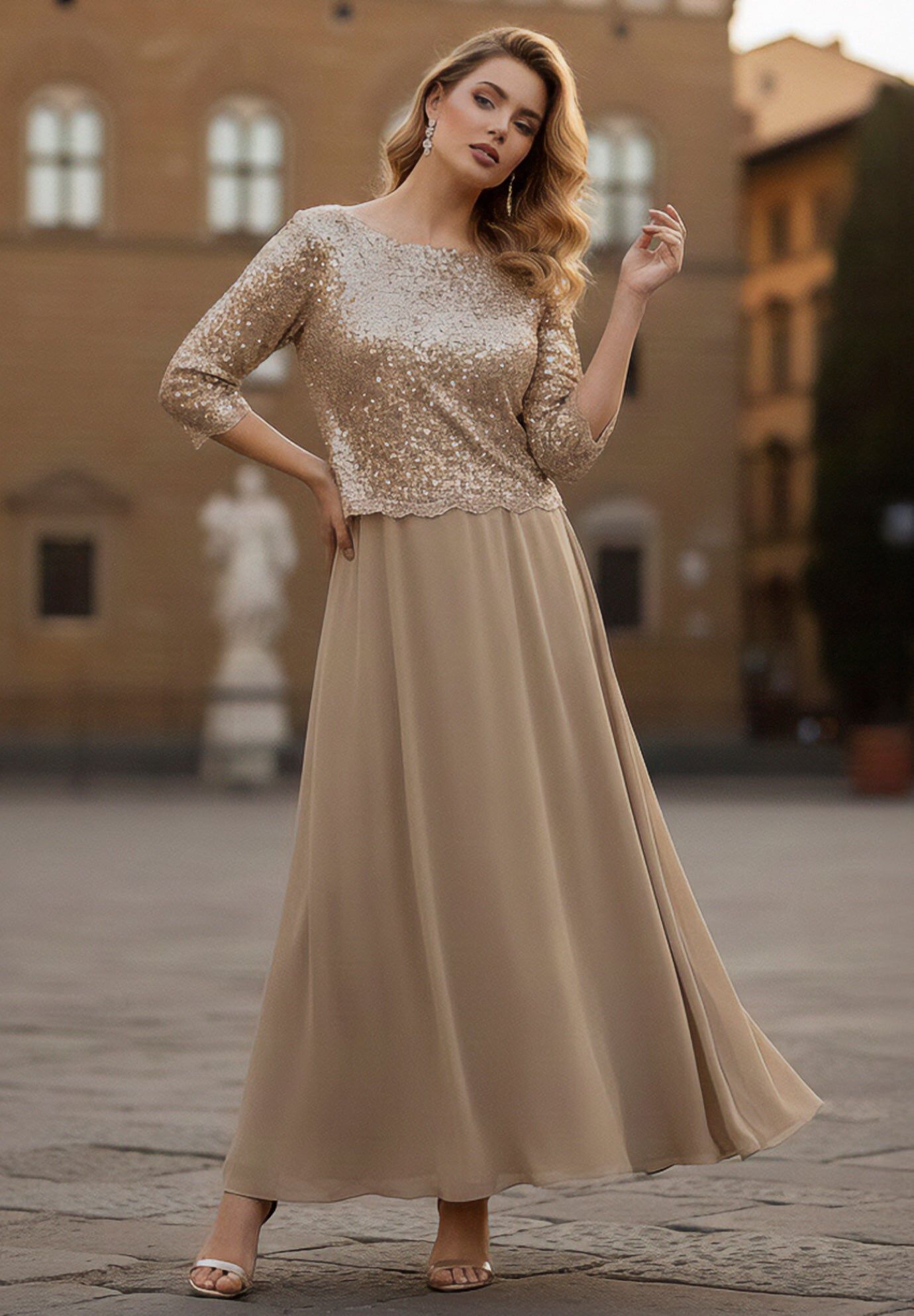 Plus Size Sequin Lace Three Quarter Sleeve A-Line Gown