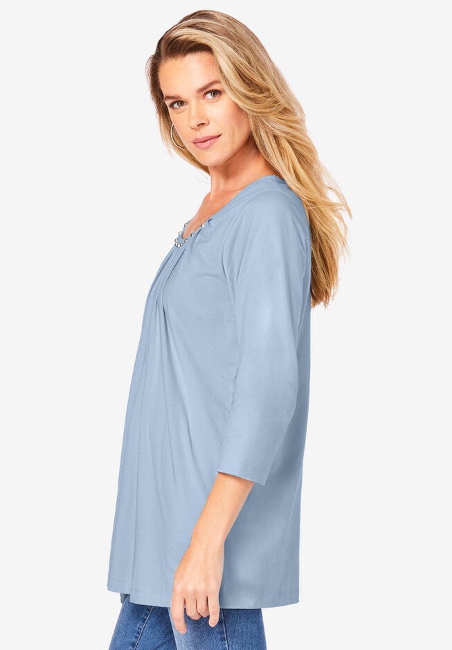 Beaded-Neck Pleated Tee, , alternate image number null