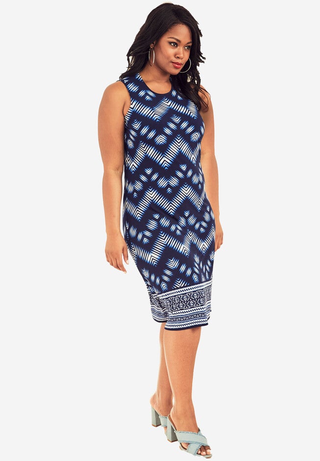 Print A-Line Dress, BLUE CHEVRON PRINT, hi-res image number 0