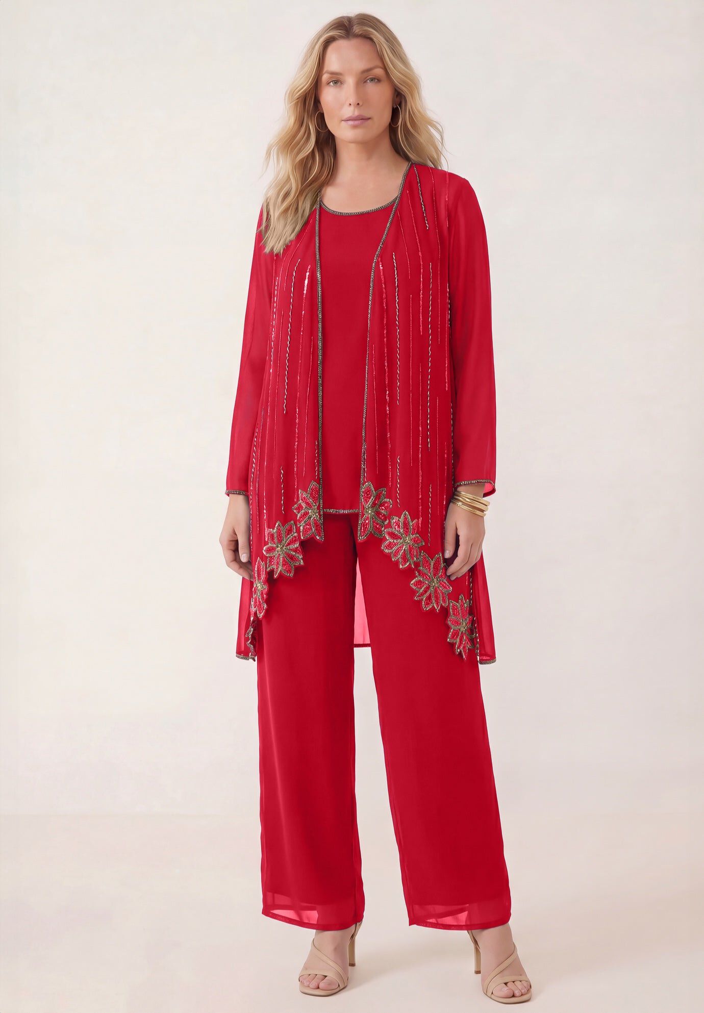 Plus-Size Long Sleeve Floral Beaded Georgette Three-Piece Pant Set