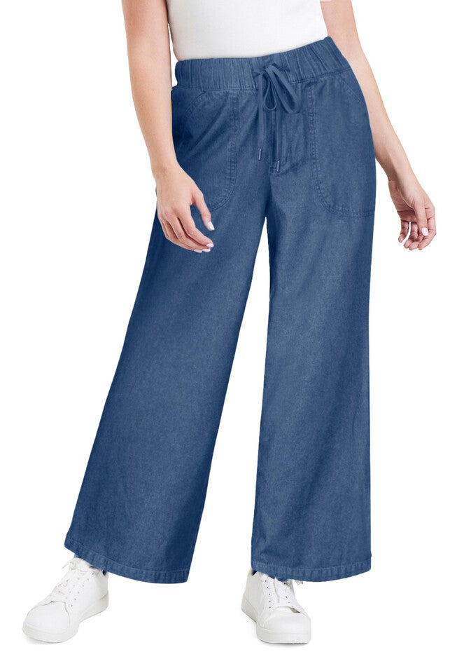 Drawstring Denim Wide-Leg Bottoms., MEDIUM WASH, hi-res image number null