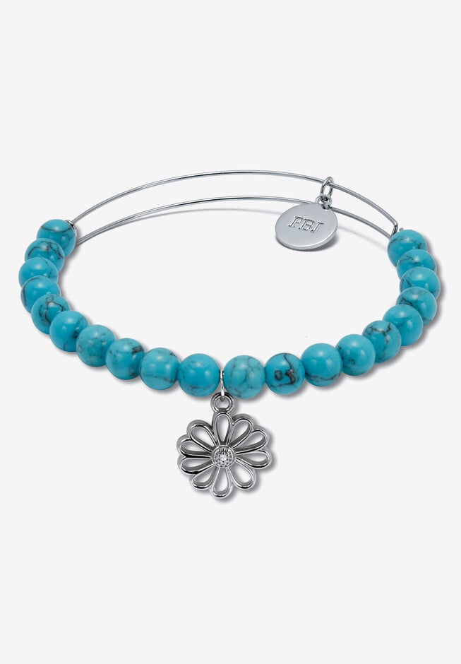 Genuine Blue Turquoise Silvertone Heart Charm Bangle, 7.5 Inches, BLUE TURQUOISE, hi-res image number null
