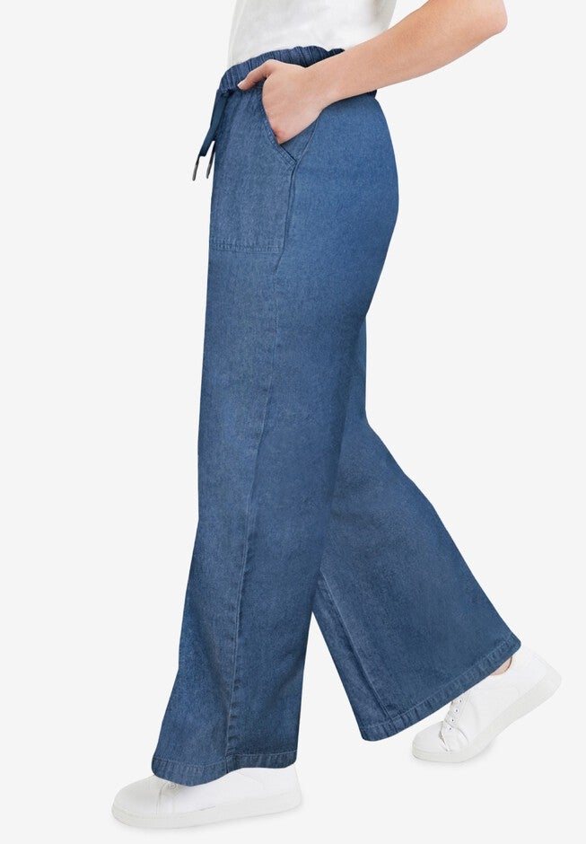 Drawstring Denim Wide-Leg Bottoms., , alternate image number null