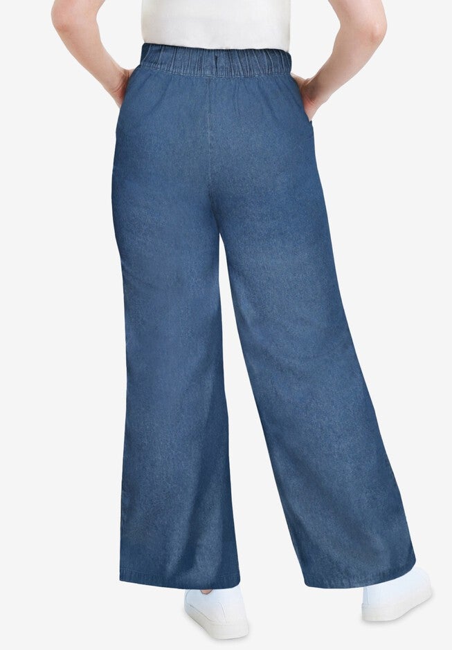 Drawstring Denim Wide-Leg Bottoms., , on-hover image number null