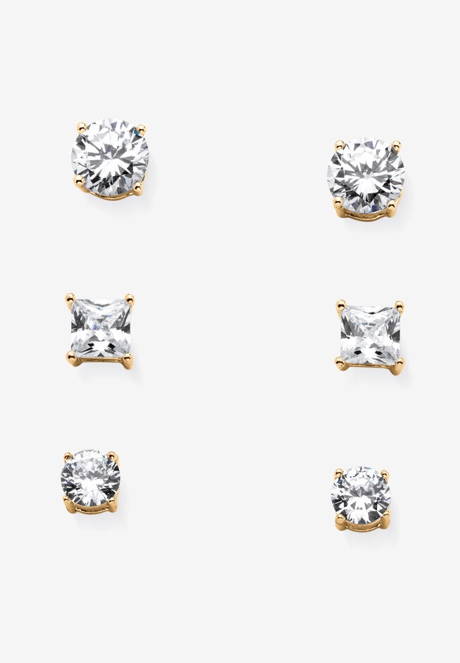 Gold Tone 3 Pair Stud Earrings (8x8mm) Cubic Zirconia, GOLD, hi-res image number 0