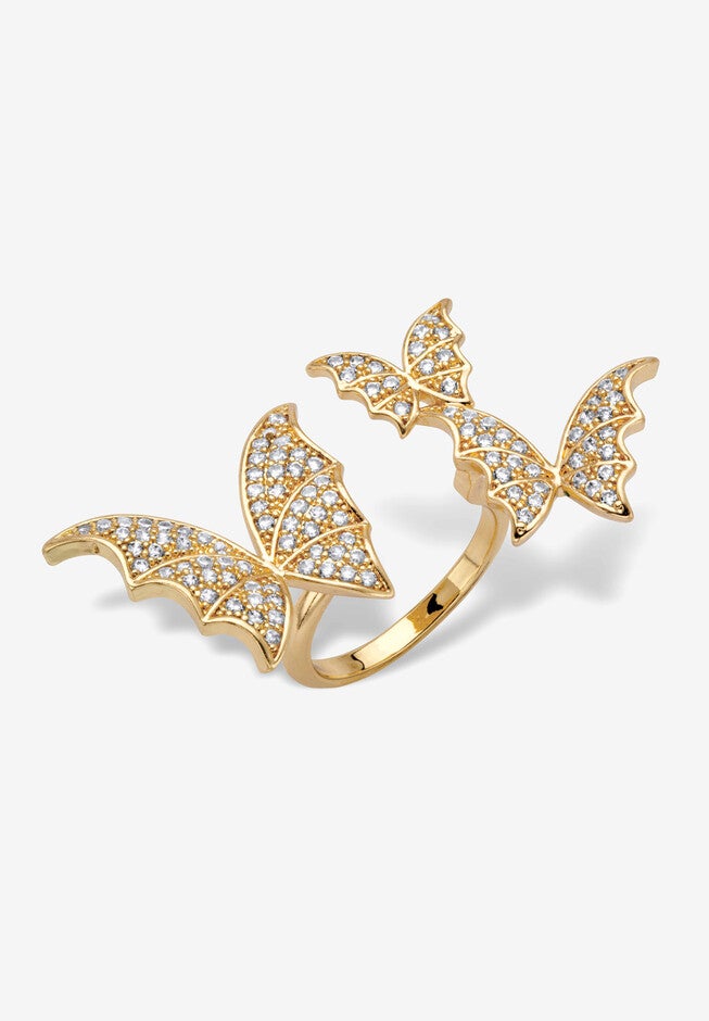 Goldtone Round Crystal Adjustable Butterfly Ring, GOLD, hi-res image number 0