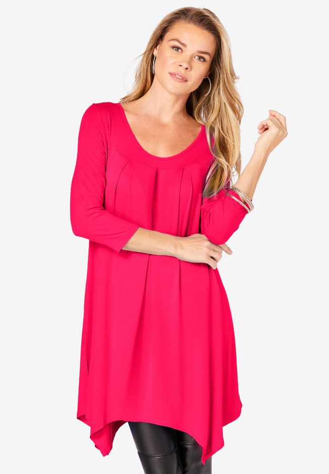 Pleated Three-Quarter Sleeve Ultra Femme Tunic, PINK BURST, hi-res image number 0