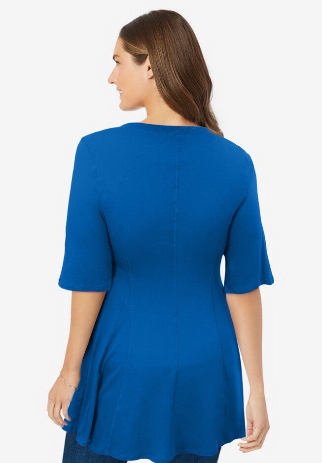Elbow Sleeve V-Neck Fit and Flare Tunic | ELOQUII Elbow Sleeve V-Neck Fit and Flare Tunic | ELOQUII