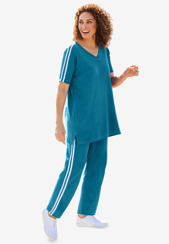 Two-Piece Short Sleeve V-Neck Knit Set, DEEP TEAL, hi-res image number 0