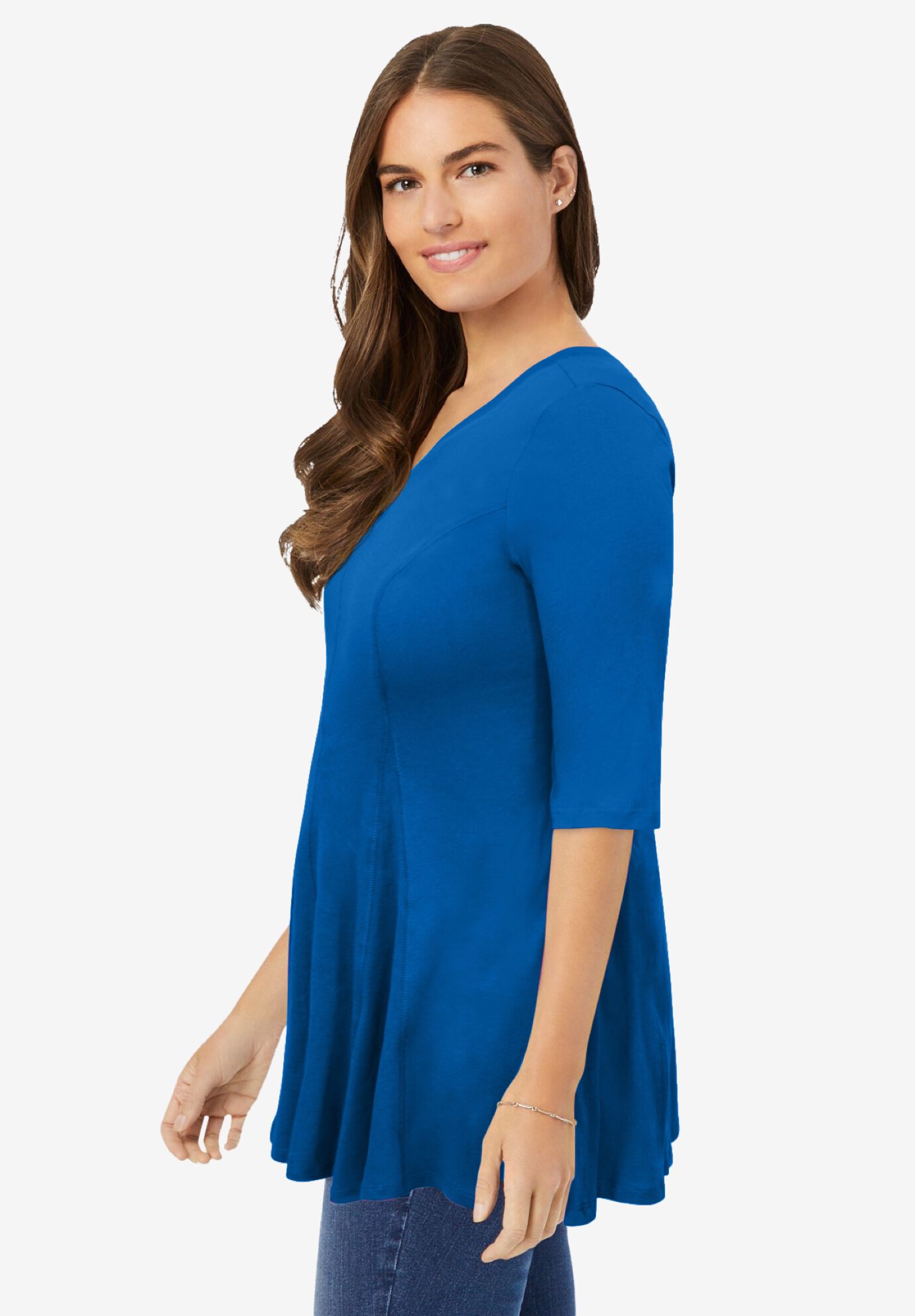 Elbow Sleeve V-Neck Fit and Flare Tunic, BRIGHT COBALT, alternate image number 2