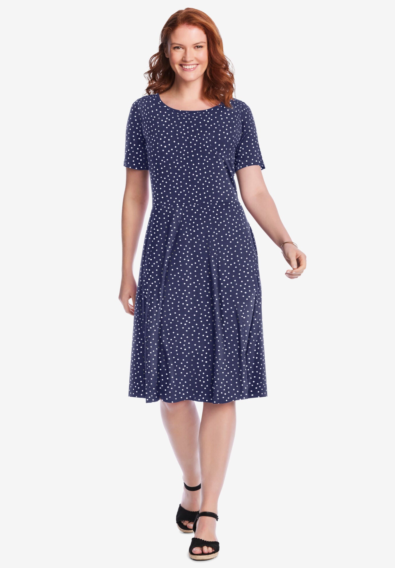 Short Sleeve Fit & Flare Dress, , on-hover image number 1