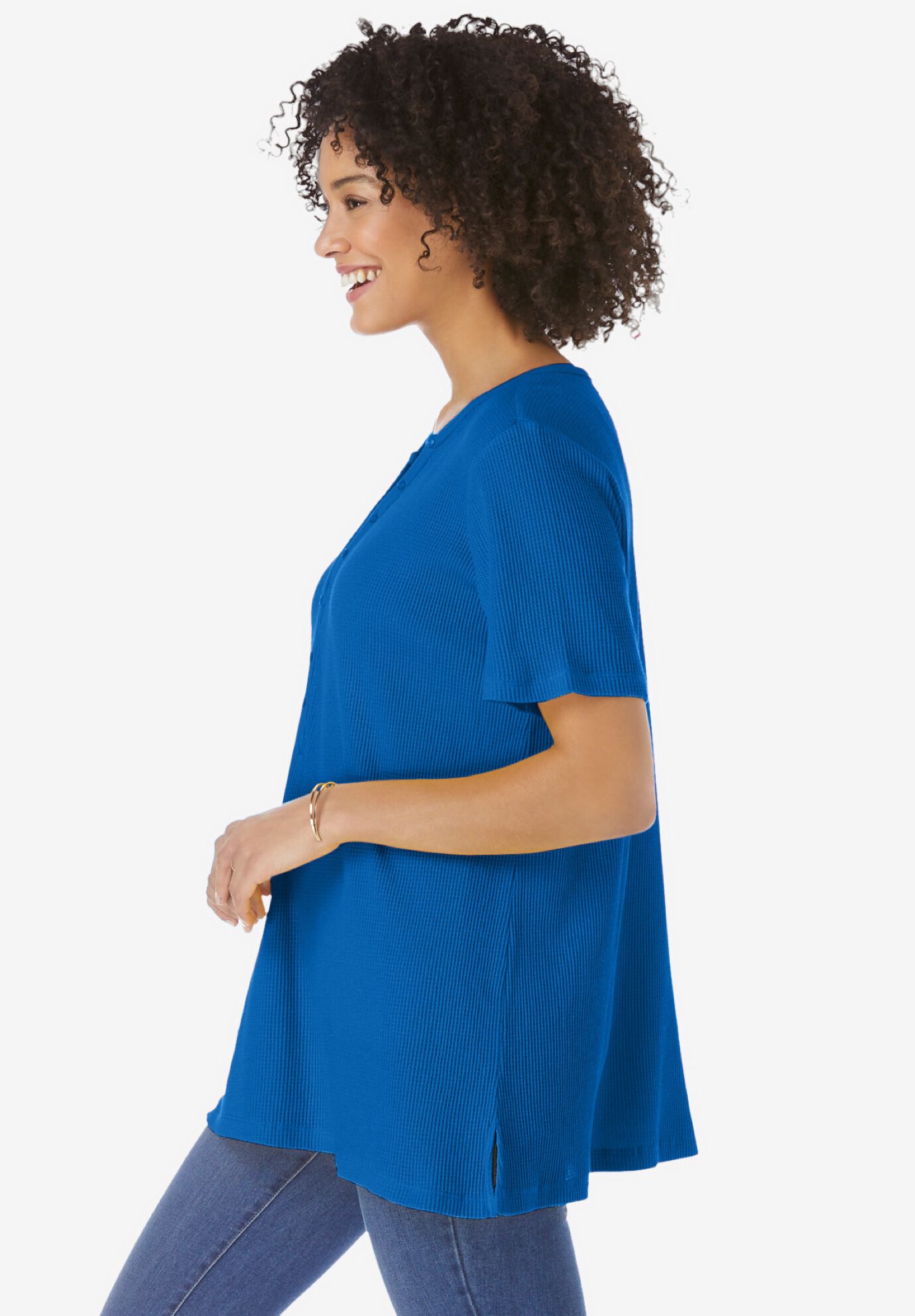 Split-Neck Henley Thermal Tee, BRIGHT COBALT, alternate image number 2