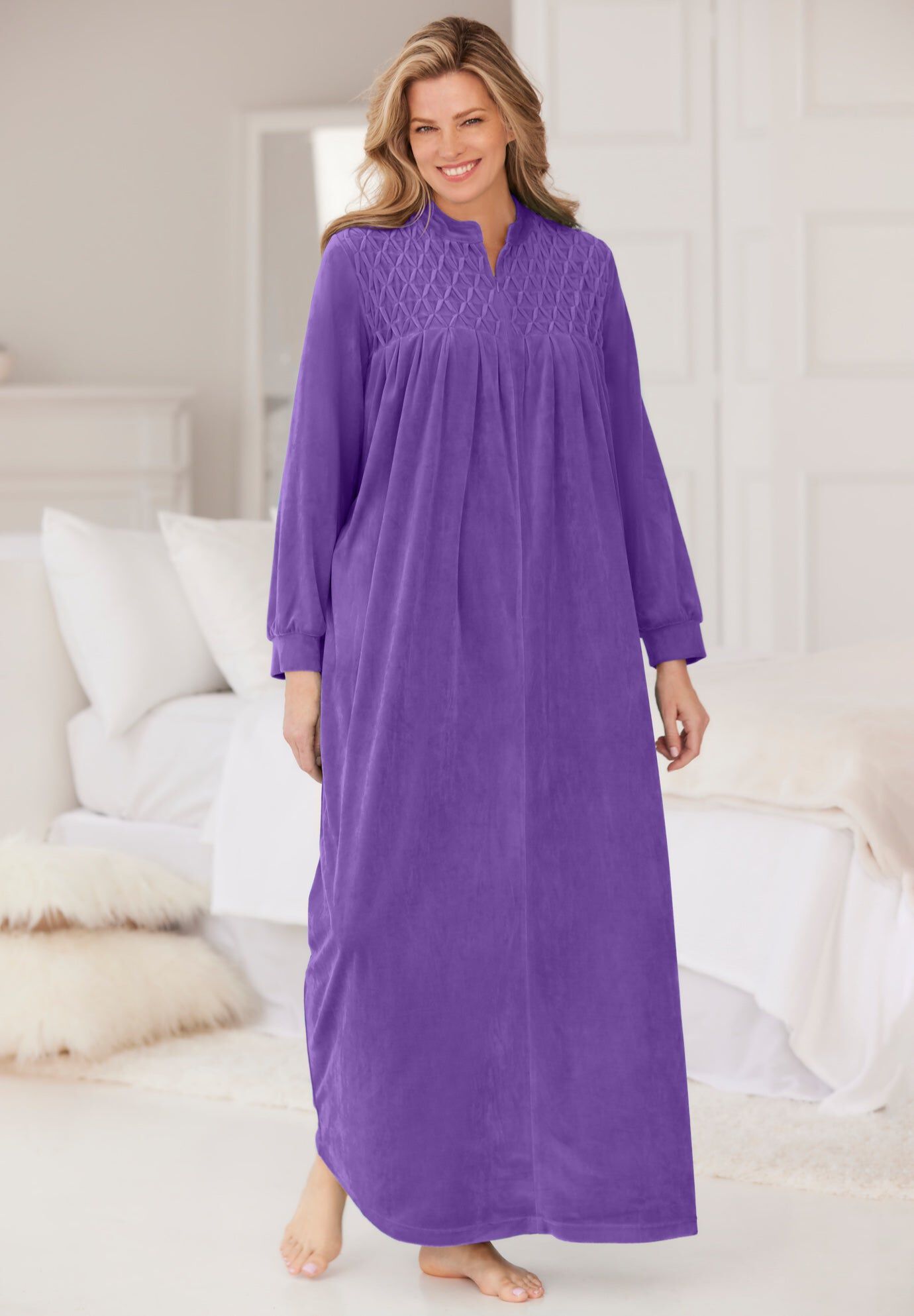 Smocked Velour Long Robe, PLUM BURST, hi-res image number 0