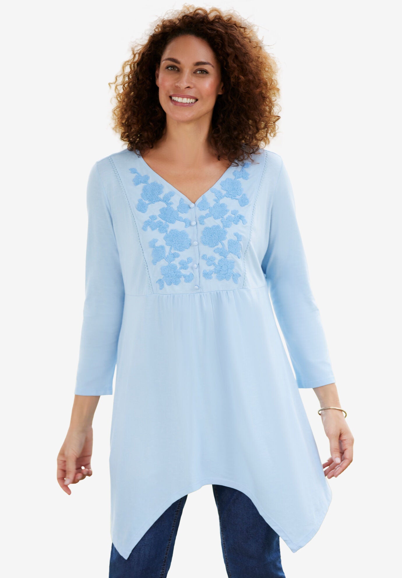 Three-Quarter Sleeve Bib Front Sharkbite Tunic, SKY BLUE EMBROIDERY, hi-res image number 0