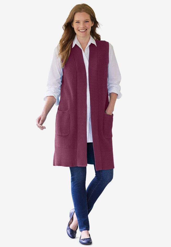 Open Front Shaker Sweater Vest, DEEP CLARET, hi-res image number null