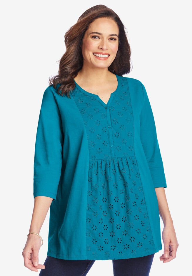Three-Quarter Sleeve Eyelet Notch-Neck Tee, TURQ BLUE, hi-res image number 0