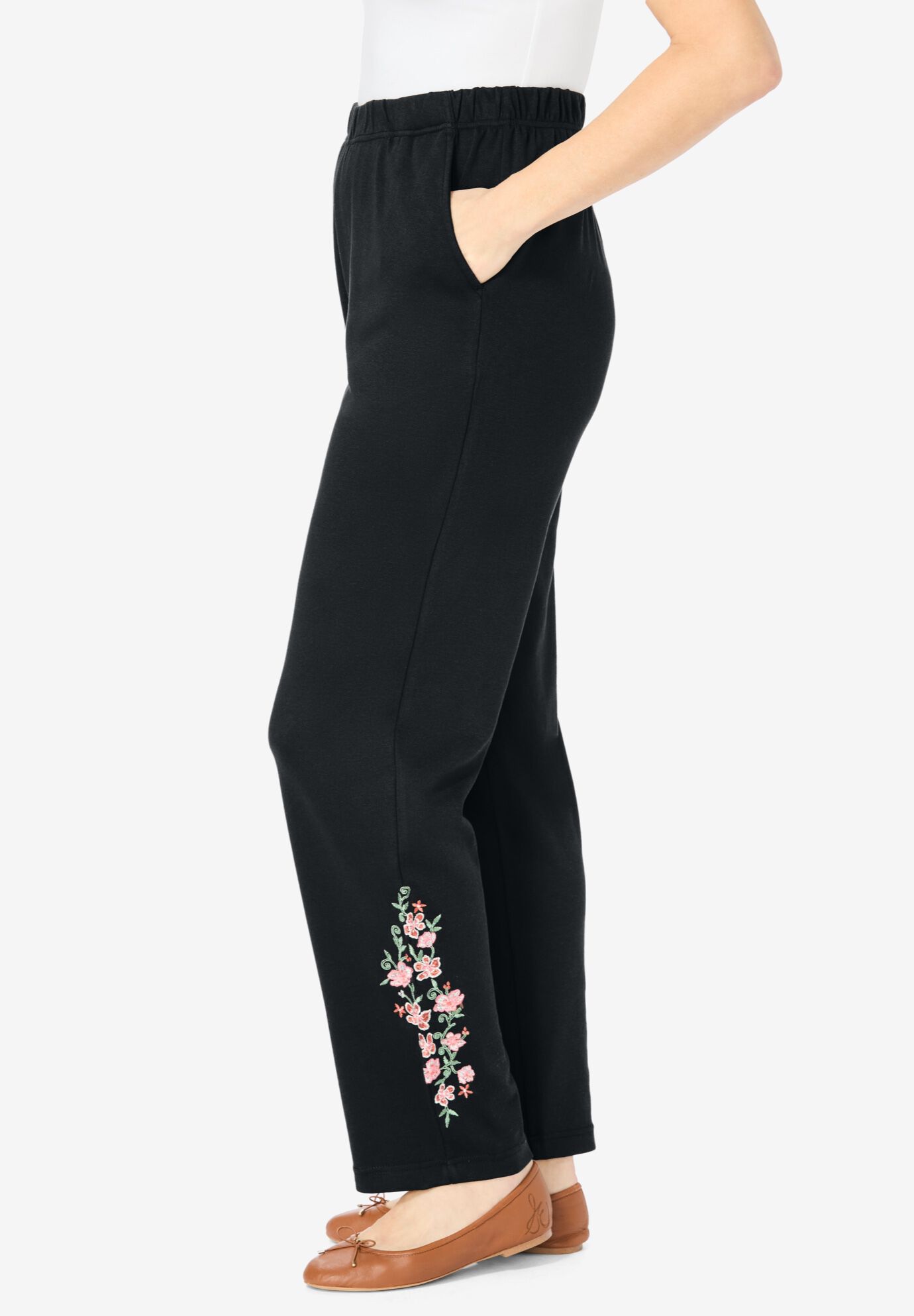 7-Day Knit Embroidered Straight-Leg Pull-On Pants, BLACK ROSE PINK FLORAL EMBROIDERY, alternate image number 3