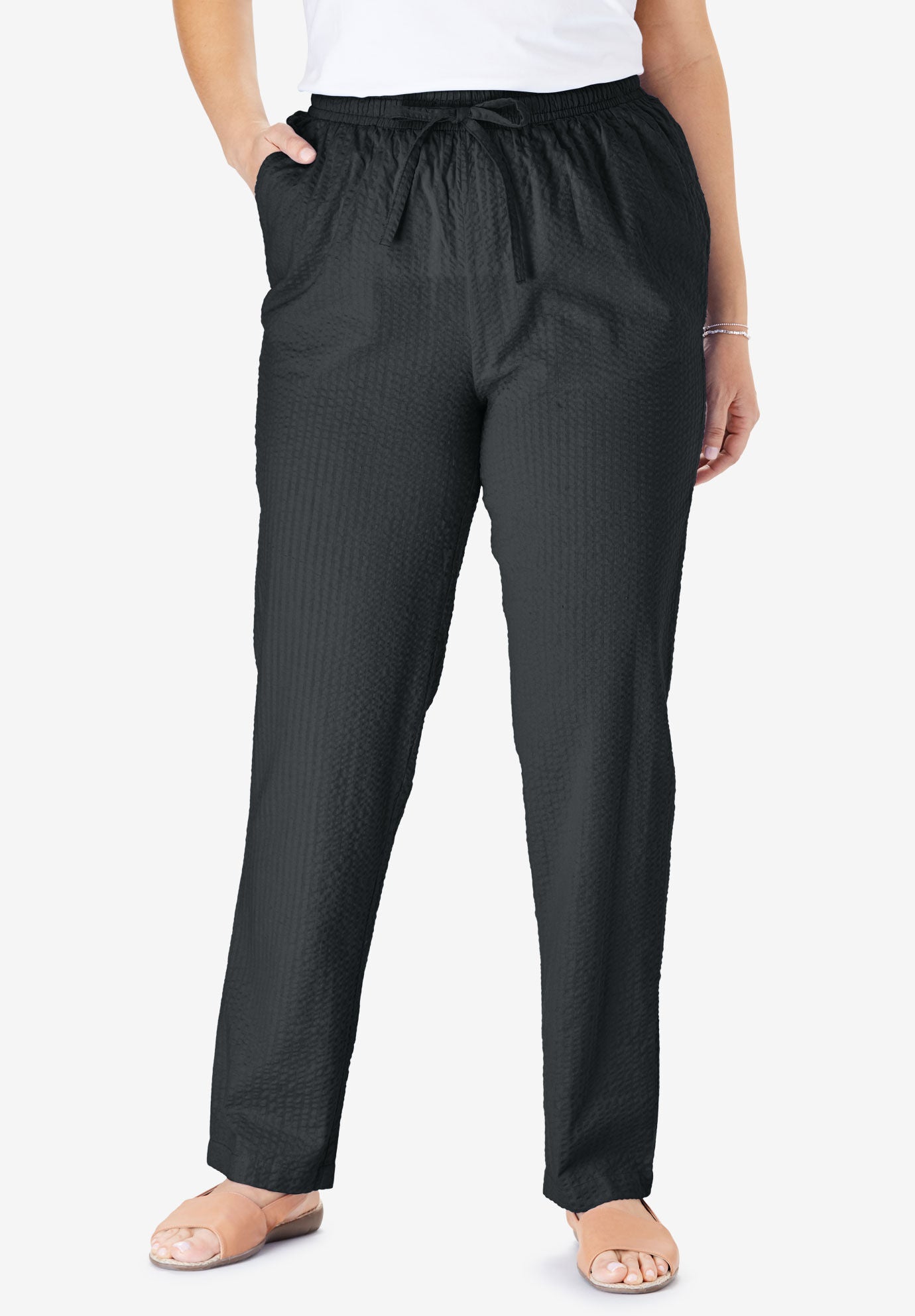 Seersucker Pull-on Elastic-Waist Pants