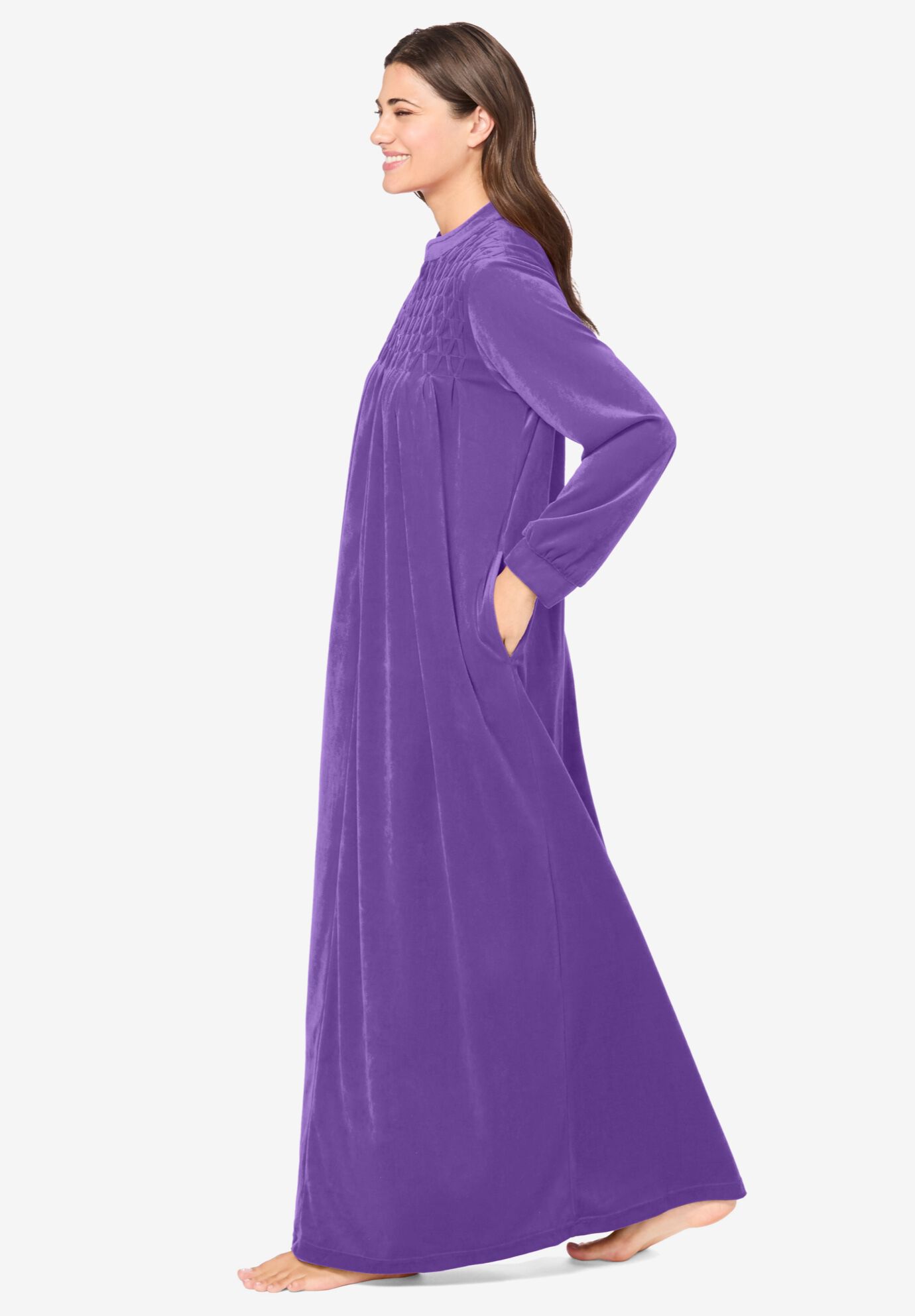 Smocked Velour Long Robe, PLUM BURST, alternate image number 2