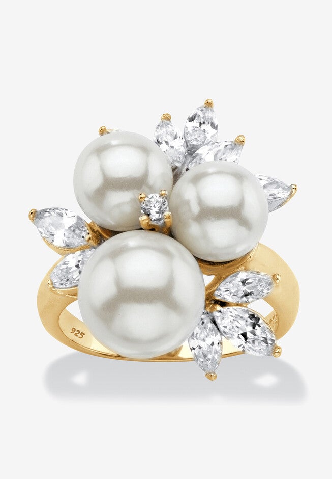 Yellow Gold over Sterling Silver Pearl and Cubic Zirconia Ring, YELLOW GOLD, hi-res image number null