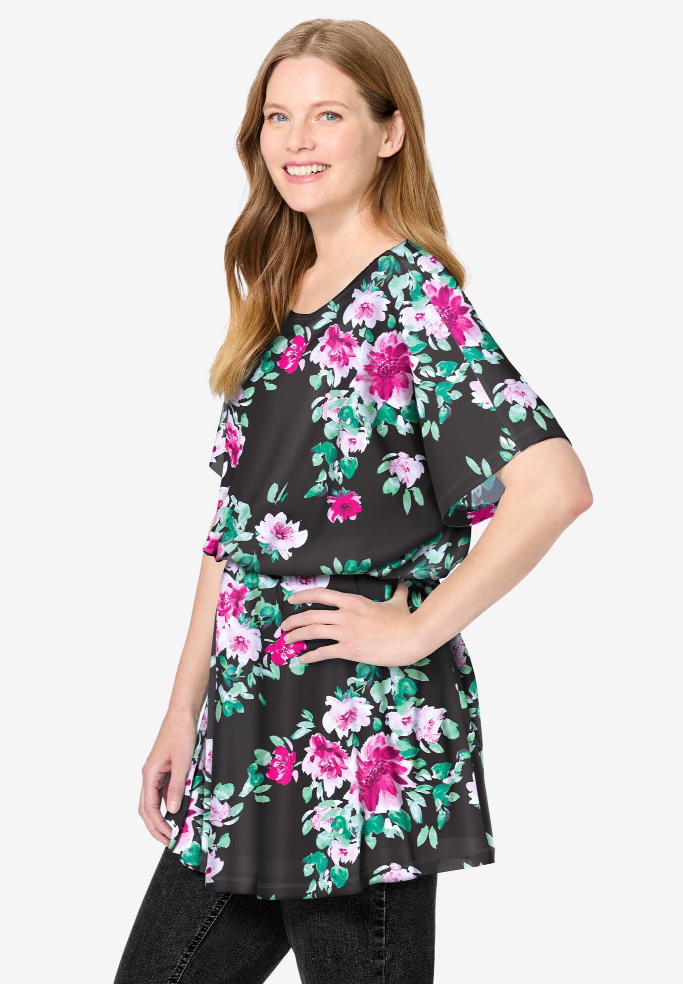 Miracle Mesh Blouson Tunic, BLACK BLOOM, alternate image number 2