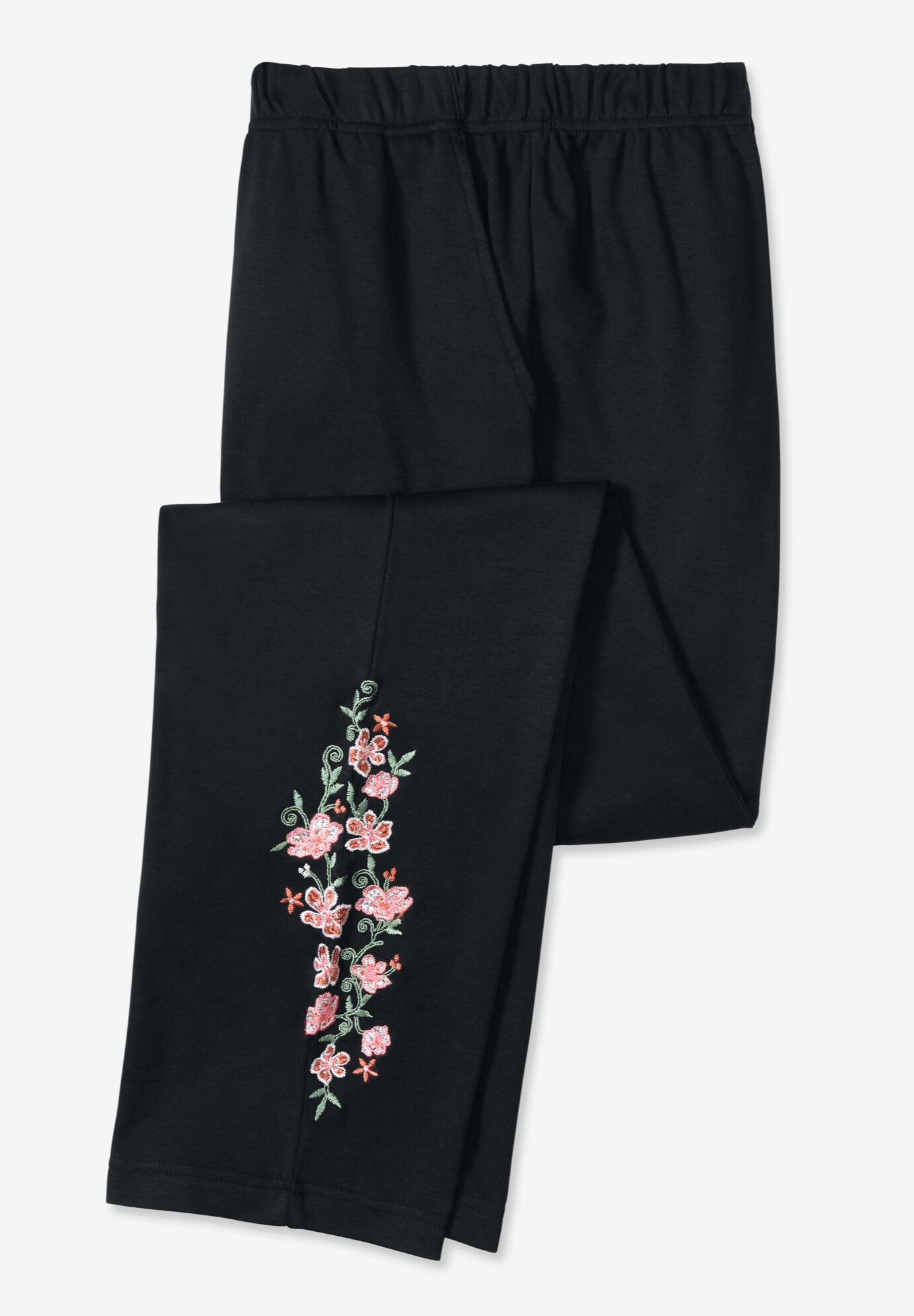 7-Day Knit Embroidered Straight-Leg Pull-On Pants, BLACK ROSE PINK FLORAL EMBROIDERY, alternate image number 4