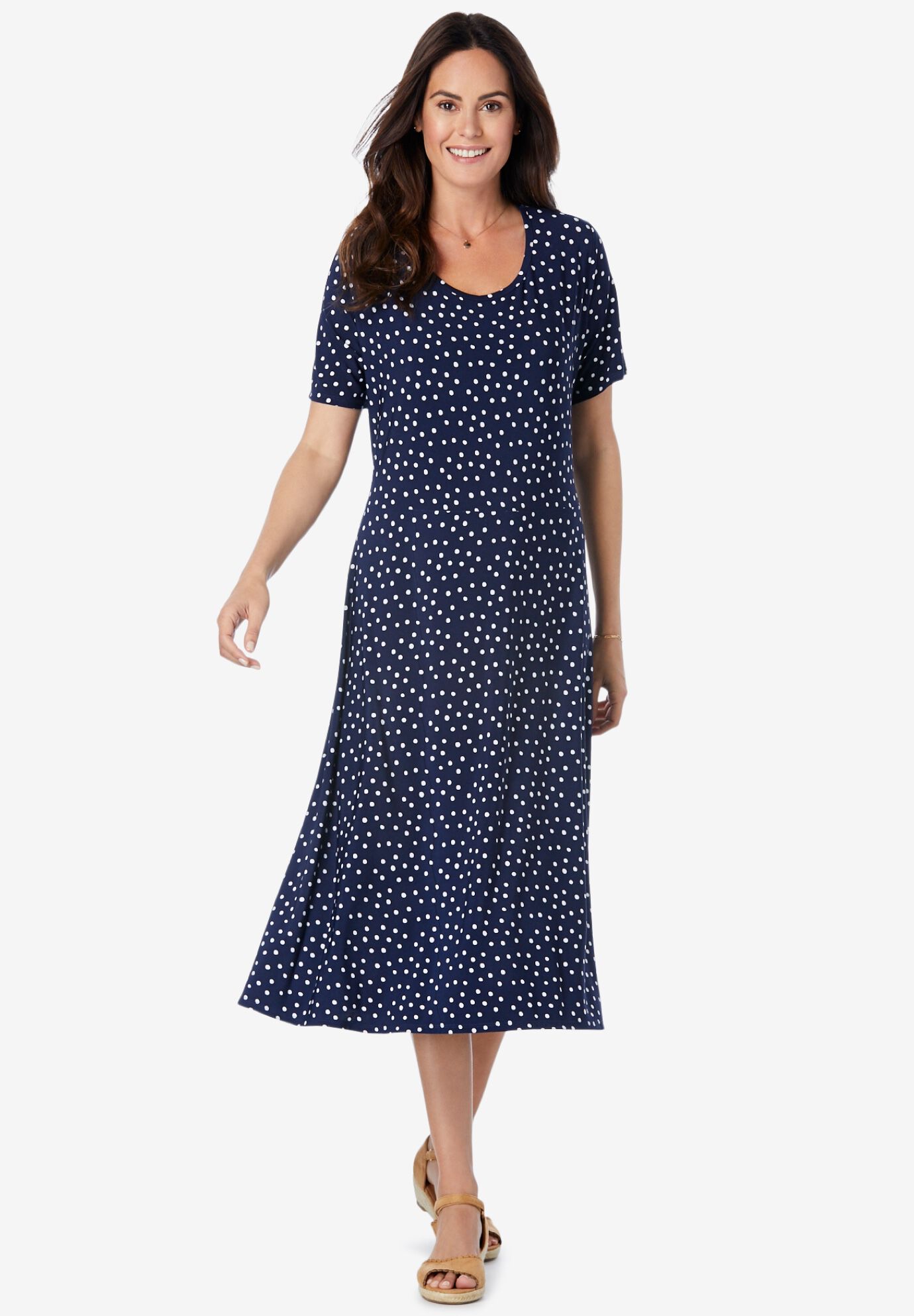 Short Sleeve Fit & Flare Dress, NAVY IVORY DOT, hi-res image number 0