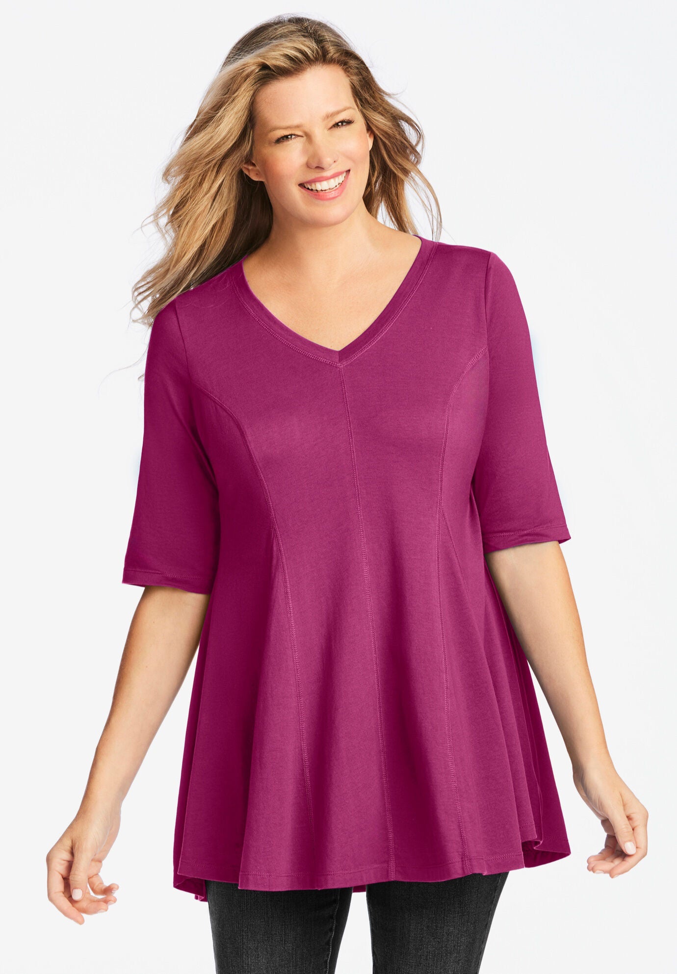 Elbow Sleeve V-Neck Fit and Flare Tunic, , alternate image number 5