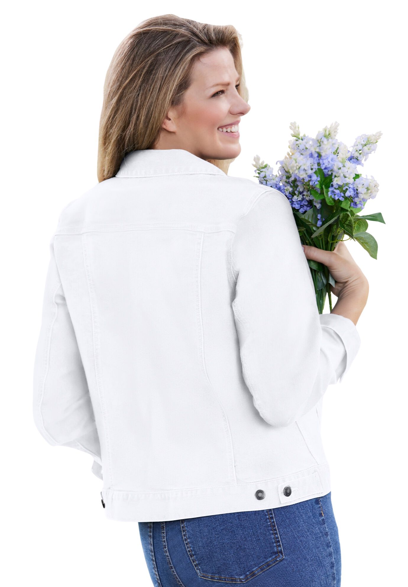 Stretch Denim Jean Jacket, WHITE, on-hover image number 1