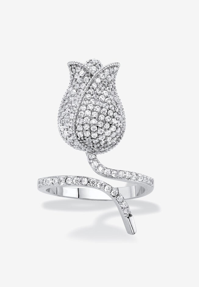 Platinum-Plated Round Flower Wraparound Ring Cubic Zirconia, PLATINUM, hi-res image number null