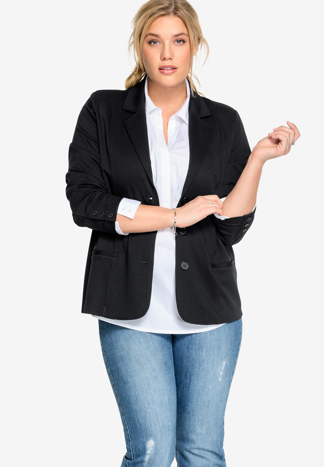 Ponte Knit Button-Front Blazer, BLACK, hi-res image number 0