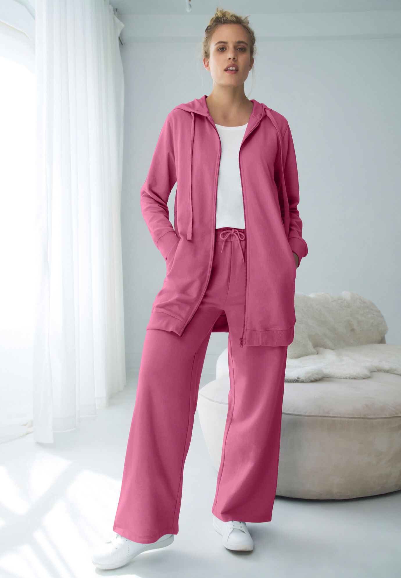 French Terry Wide Leg Sweatpants With Drawstring Elastic Waistband