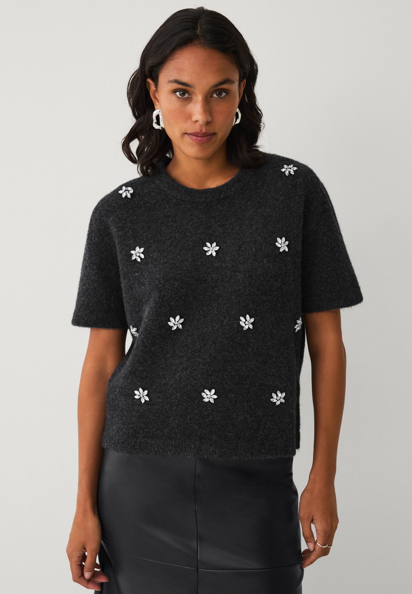 Wool-Blend Embellished Crewneck Elbow-Length Sleeve Pullover Sweater