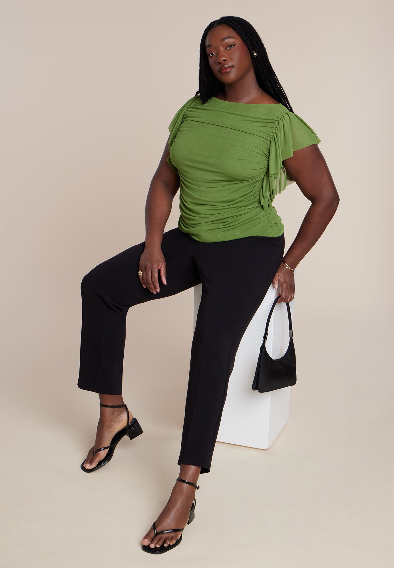 Shirred Mesh Top With Shoulder Flounces image number 1