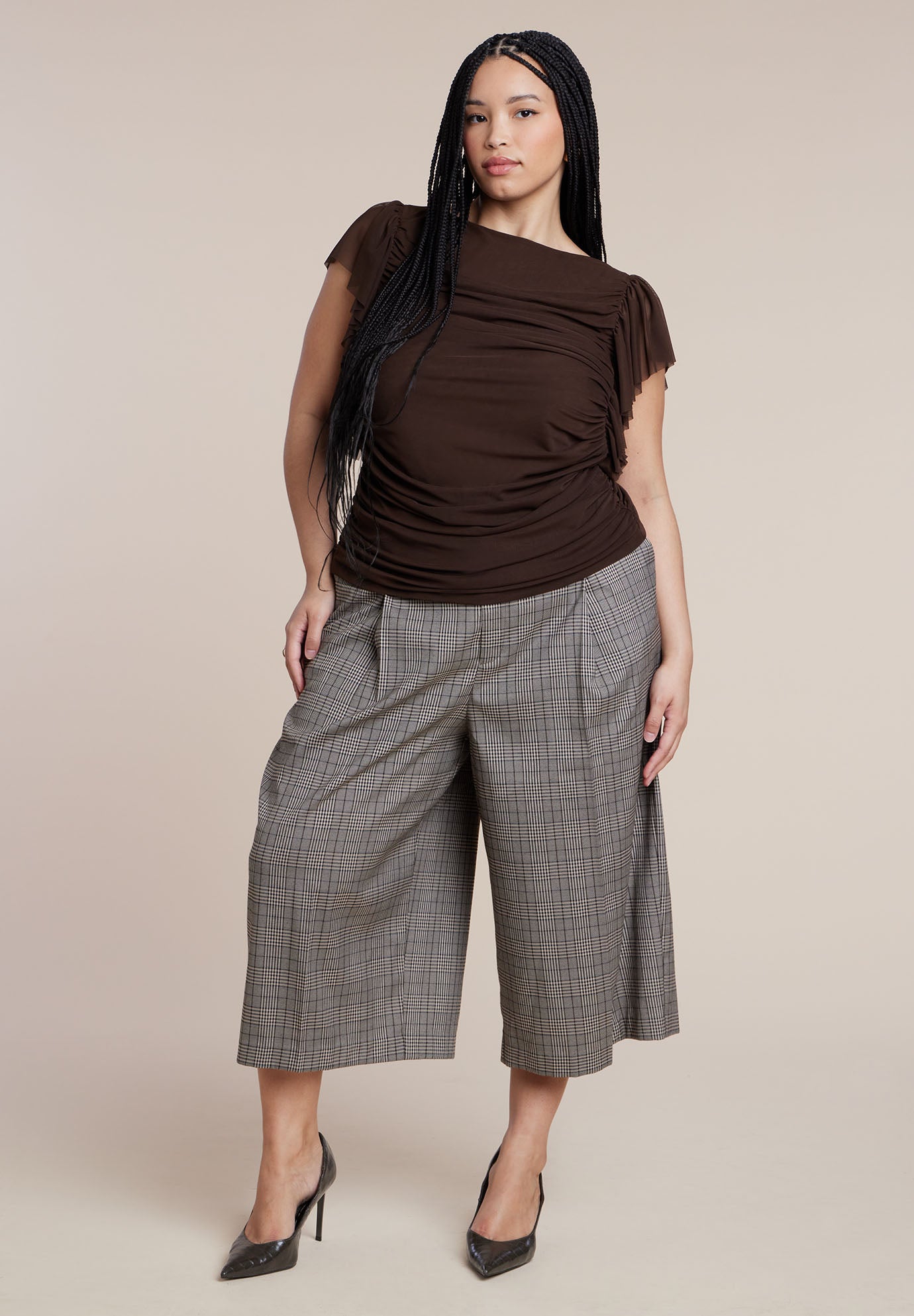 Shirred Mesh Top With Shoulder Flounces image number 2