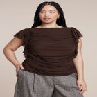 Shirred Mesh Top With Shoulder Flounces image number null