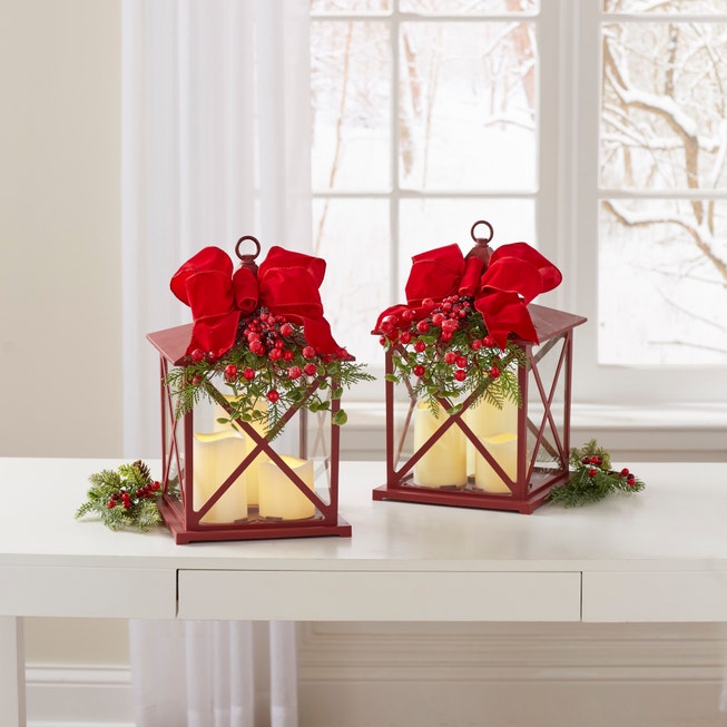 14"H Red Christmas Lantern with LED Candles image number null